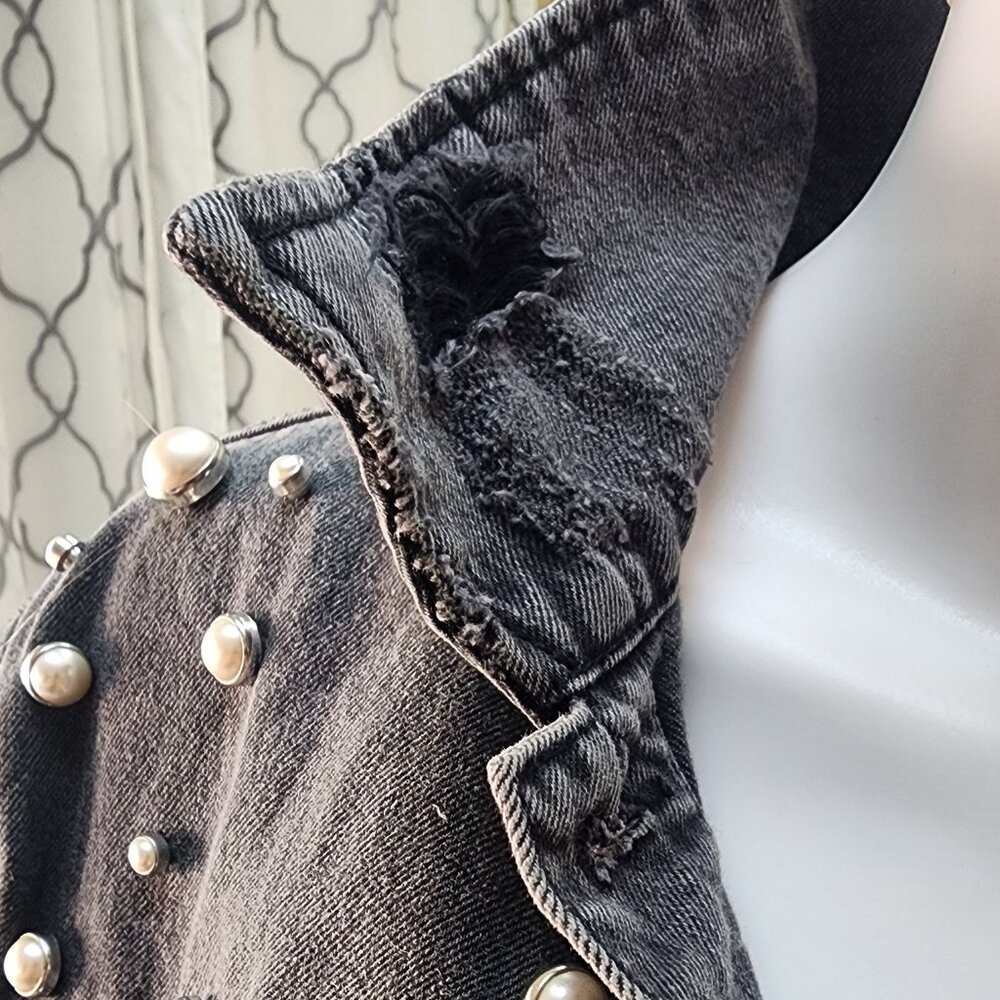 TINSEL Women’s Distressed Black Denim Jacket with Pearl Accents - Size S - Picture 6 of 12